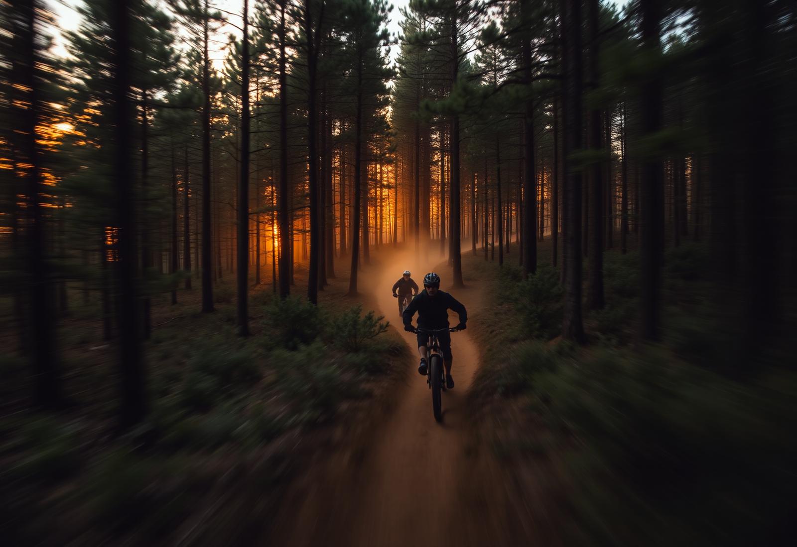 Riders on forest singletrack at dusk